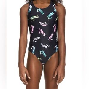PUMA Girls One-Piece Swimsuit – Black with Colorful Logo Print Size 6